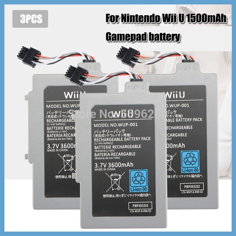 Paquete de batería recargable de ión-litio para Nintendo Wii U, 3,7 V, 3600mAh, baterías de repuesto para mando: 3PCS