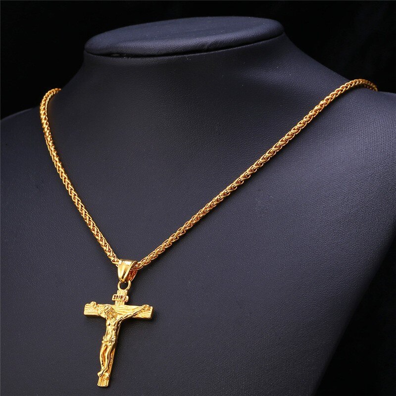 crucifijo Cristo Jesús collar de hombre joyería de oro de acero inoxidable de Color cadena alrededor del cuello cruzado colgante collares para hombre