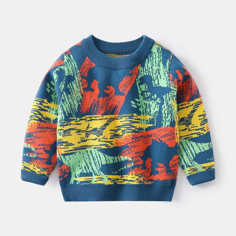 Herfst Jongens En Meisjes Trui Dinosaurus Patroon Bovenkleding Casual Stijl Mode Dikke Warme Lange Mouwen Gedrukt Trui Truien: Symphony Blue / 24M