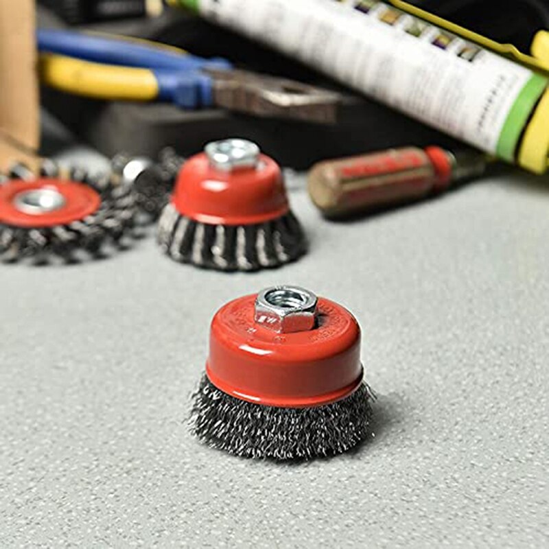 3 Inch Crimped Wire Brush For Grinders,Wire Cup Brush, M14, 2Pack, Red