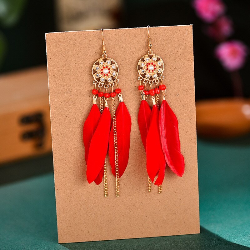 Bohemian Woven Dream Catcher Feather Dangle Earrings for Woman Trendy Boho Long Tassel Earring Wedding Jewelry: E1459-Red