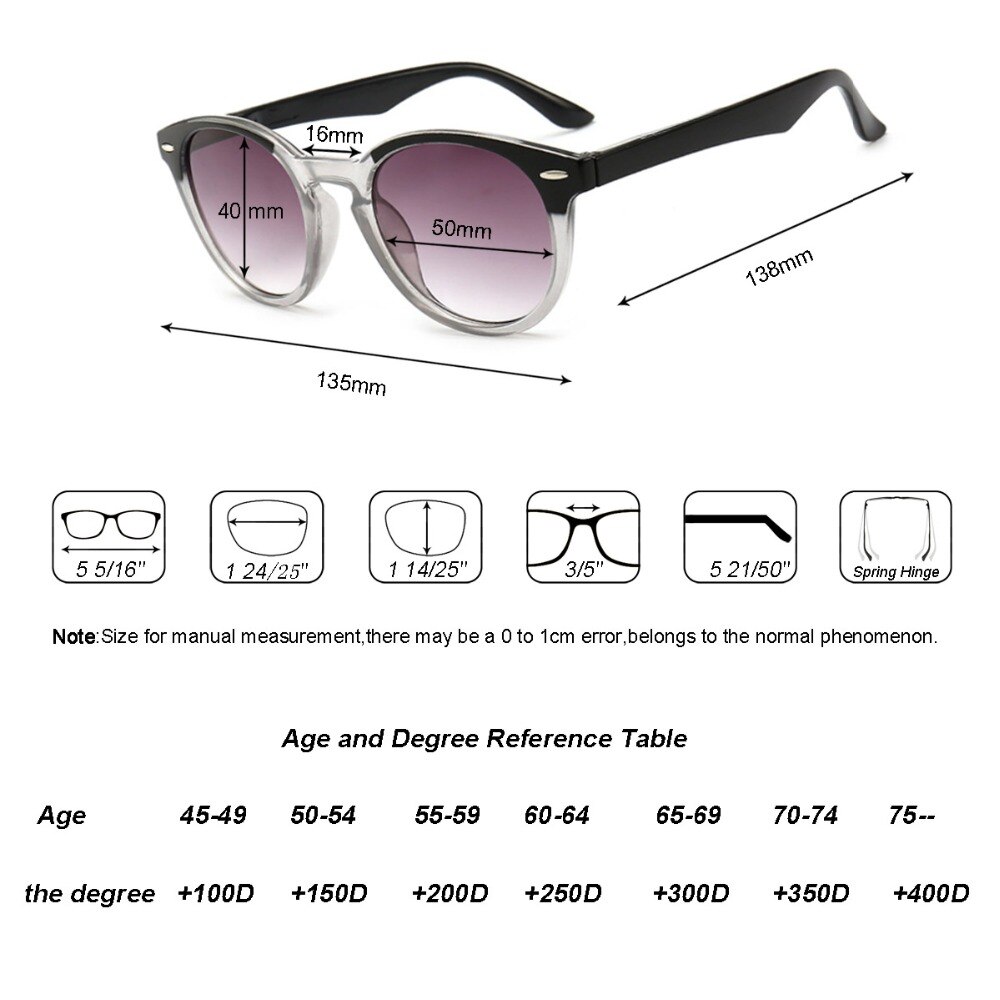 Getönte Lesebrille Runde Vintage Grade Grau Objektiv Anti UV Presbyopie 1,0 1,5 2,0 2,5 3,0 3,5 4,0 Dioptrien mit Elastische Bein