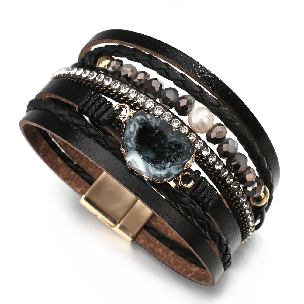 Allyes Multilayer Kristal Kralen Gevlochten Lederen Armband Voor Vrouwen Pearl Resin Strass Wrap Armband Vrouwelijke Sieraden