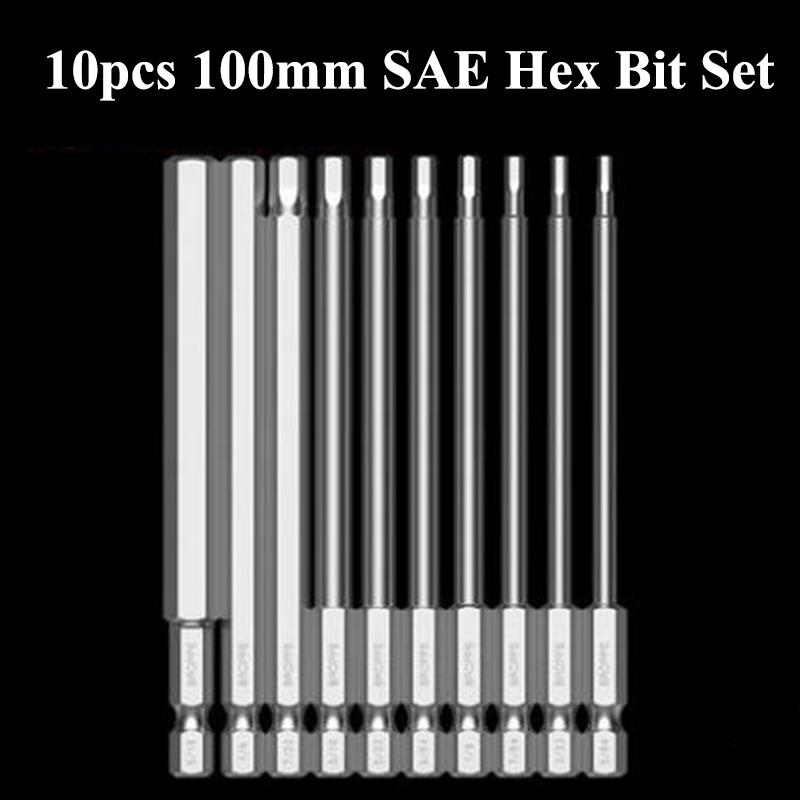100mm Length Metric Allen Wrench Drill Bit Set S2 Steel Impact Screwdriver Bit Magnetic Hex Key Drill Bit Electric Hex Bit Set: 10pcs 100mm SAE