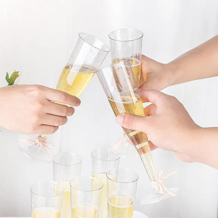 Clear Champagne Flutes Stemmed Party Wine Cups Crystal Wine Cocktail Cups Plastic Glitter Champagne Flutes Reusable