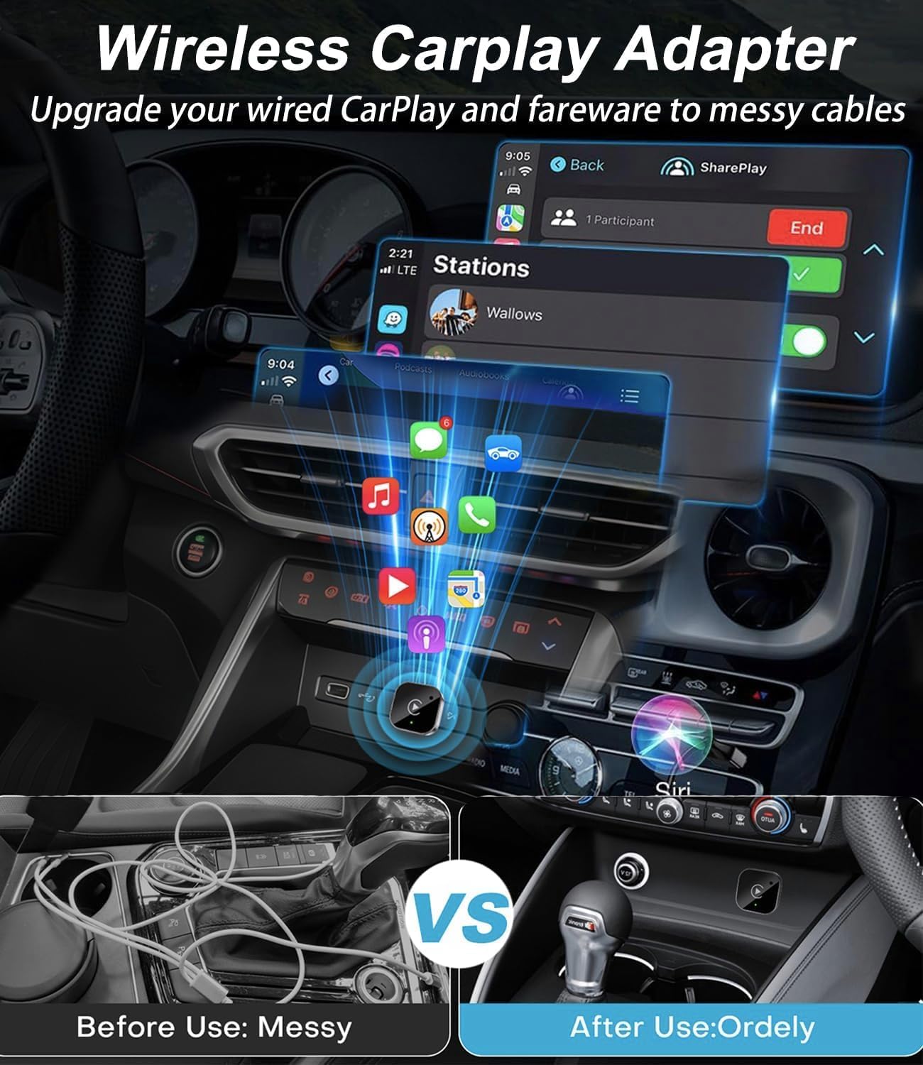 Draadloze carplay-adapter voor apple iphone & android (upgrade), plug-and-play, snelle en stabiele verbinding met carplay & android.