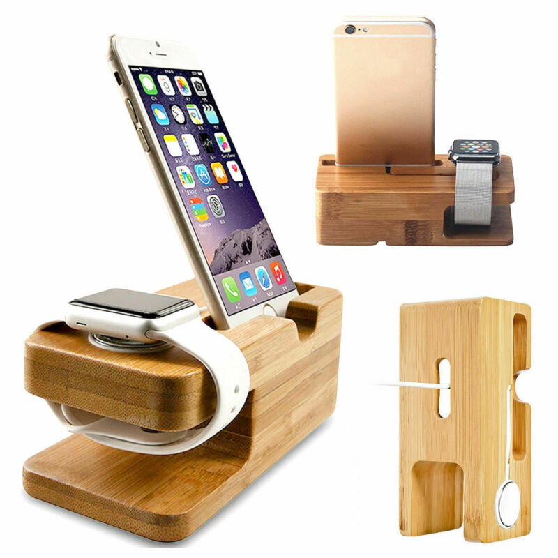 Familie telefonstativ ladestation dock stand station oplader holder til apple watch iwatch iphone bambus