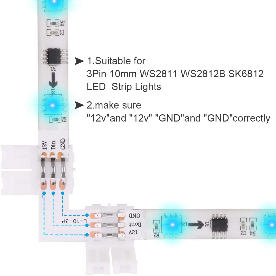 5050 3 Pin RGB LED Strip Connector Kit - 3Pin LED Connector Includes 10x LED Strip Jumper, 10x3Pin L Shape Connector, 20x LED St