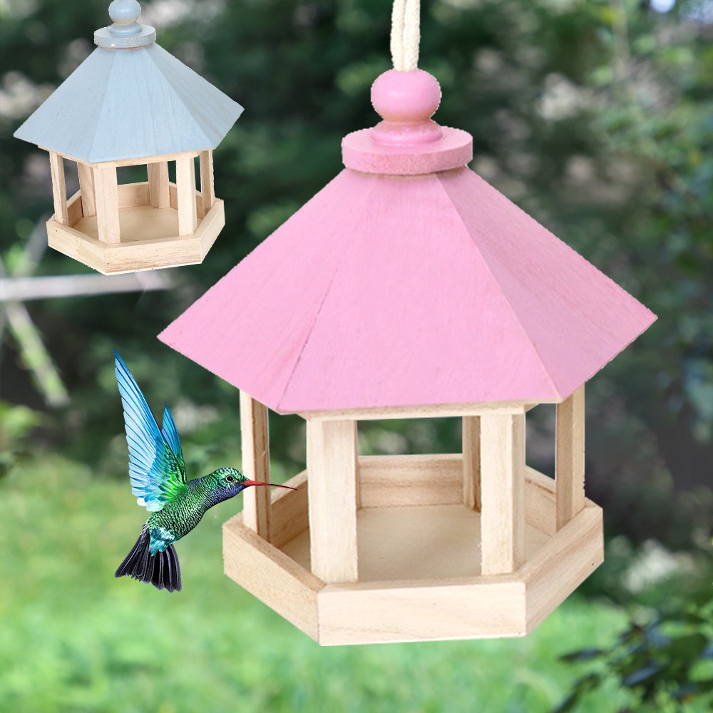 Outdoor Wooden Bird Feeder Garden Wooden Bird House Food Container Feeder With Hanging Rope /Blue ^_^