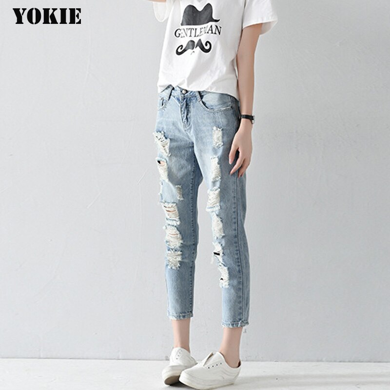 De talla grande 25-32 agujero Mujer Vaqueros pantalones de tobillo longitud pantalones novios para mujer jeans ajustados de mujer