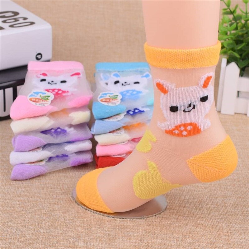 6 paar zomermeisjessokken ultradunne ademende stijl kristal baby kindersokken trendy elastische bedrukte zijden kindersokken
