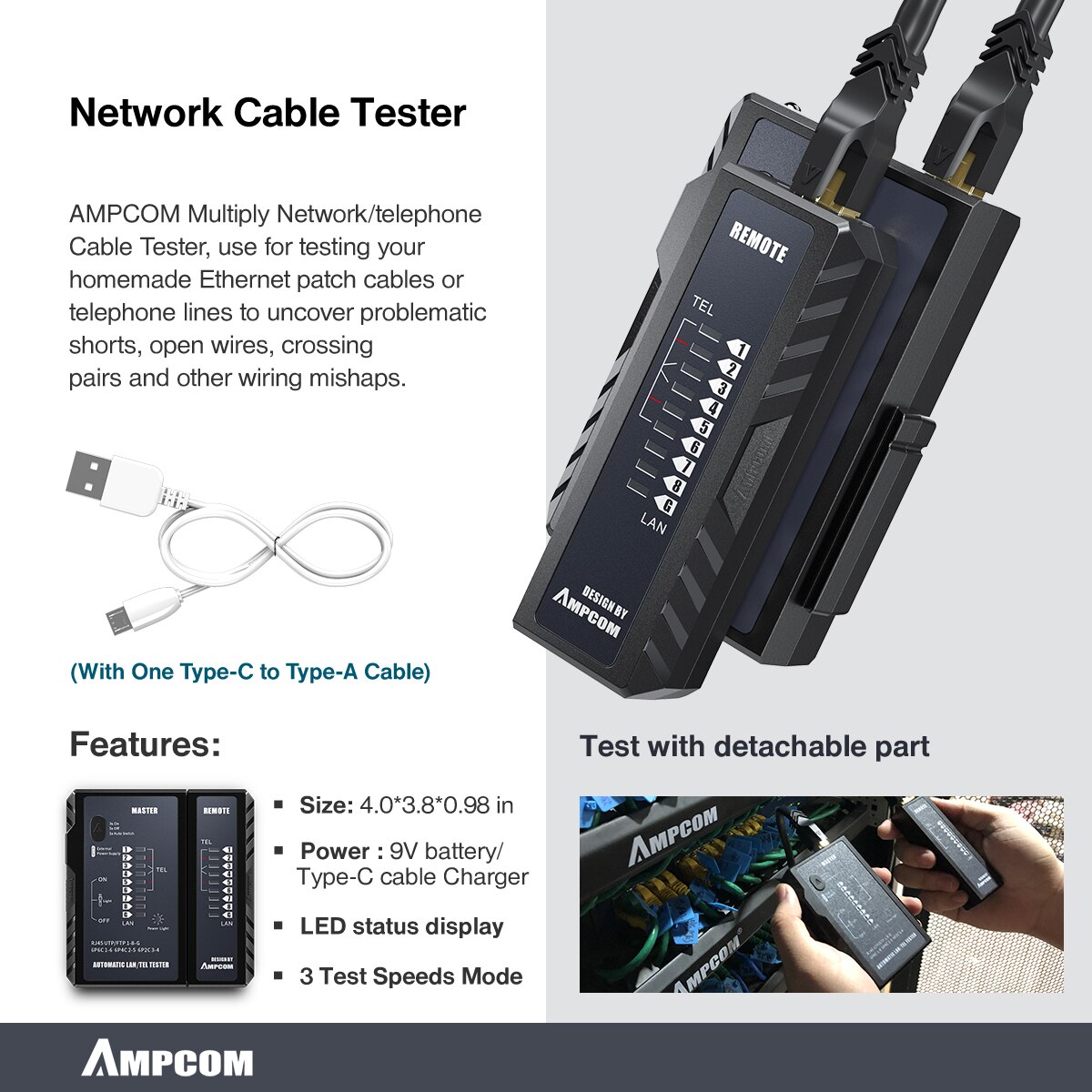 AMPCOM-Kit de herramientas de red RJ45, crimpadora Cat7, 10 conectores Cat7, probador de Cable de red, herramienta de pelado