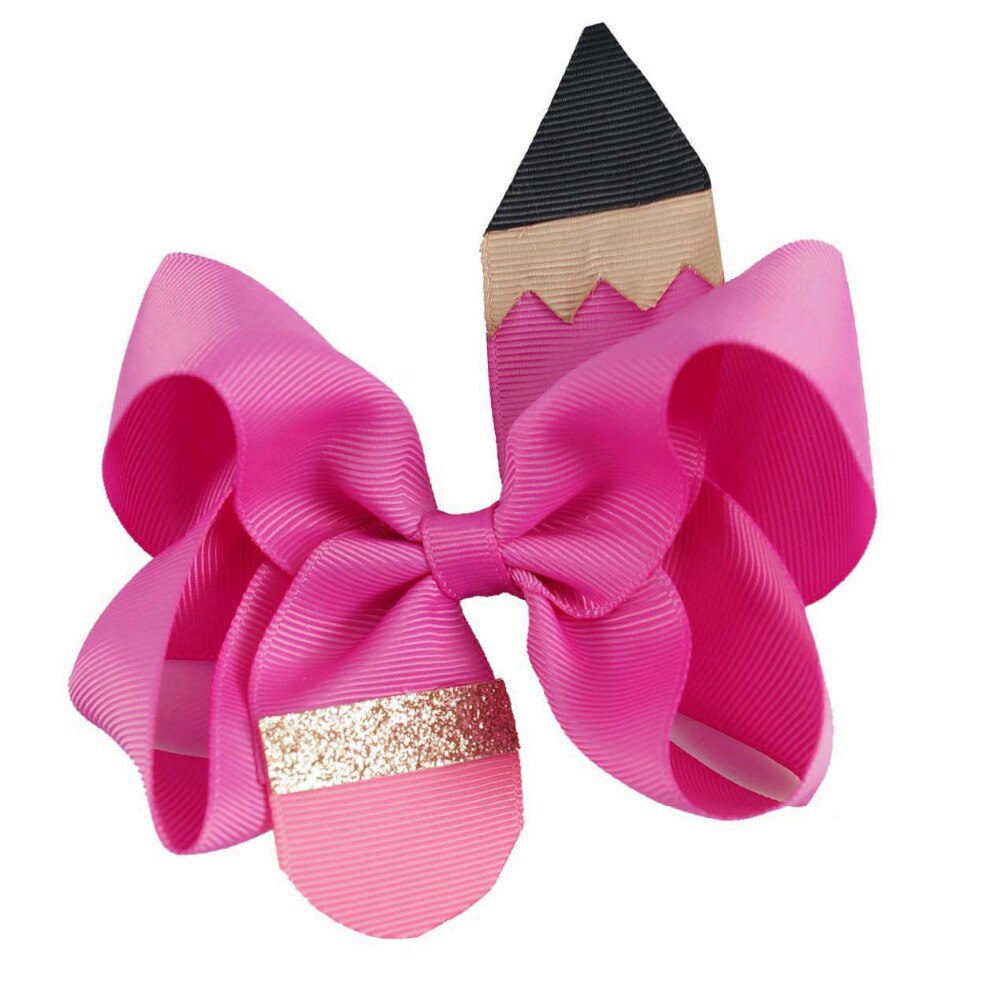 6 uds hecho a mano 4,5 "lápiz volver a la escuela moño para cabello con Clip para niñas Boutique lápiz horquilla accesorios de graduación preescolar: Fucsia