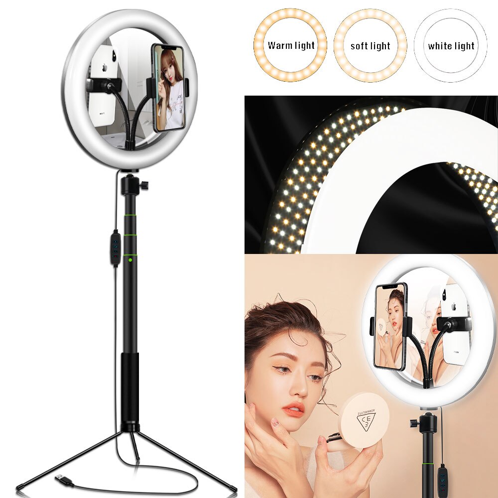 Ring Light with Phone Holder - 1.5M Tripod Stand - LED Selfie Makeup Mirror Lamp - USB Powered