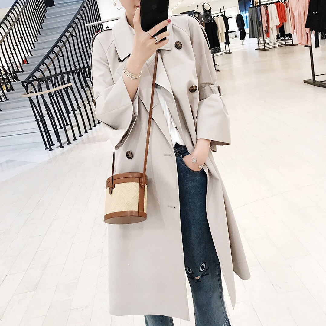 Lanmrem herfst trenchcoat dames turn-down kraag flare mouwen taille riemen windjack dames los  ef40000m twee kleuren: En witte mouw / S