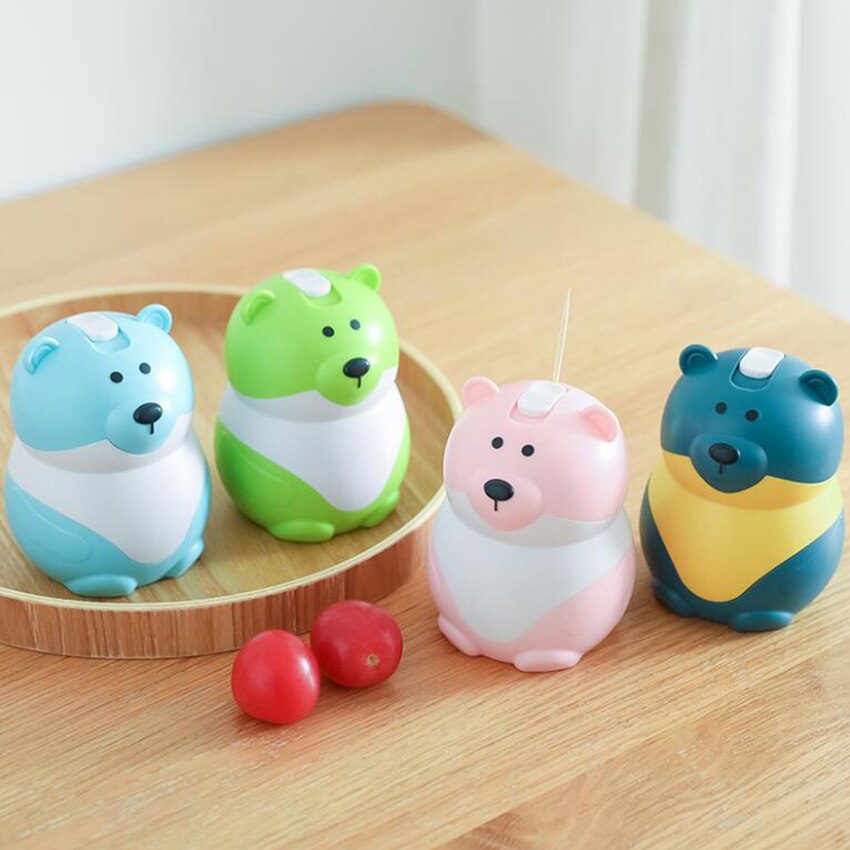 Automatic Push-type Toothpick Holder Cute Cartoon Bear Plastic Toothpick Dispenser with Slide Cover, Holds About 300 Toothpicks
