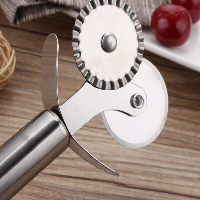 Ronde Kookplaat Kant Wiel Mes Dubbele Roller Pizza Mes Cutter Rvs Gebak Pasta Deeg Crimper Keuken Gereedschap