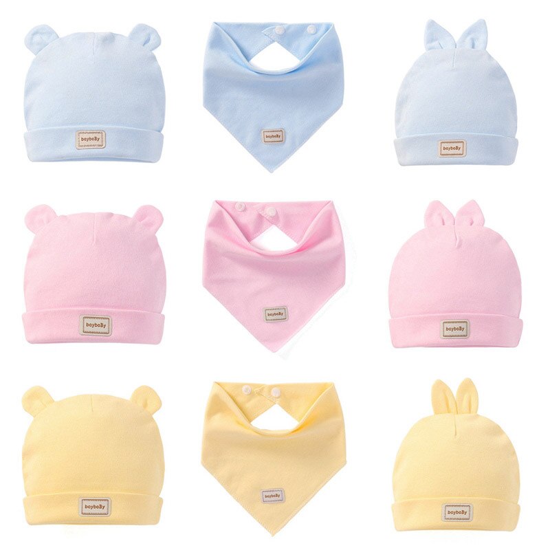 3 farben Baby Infant Solide Doppel Schicht Aus Reiner Baumwolle Hüte Lätzchen Set Für Neugeborene Mädchen Jungen Nette Caps