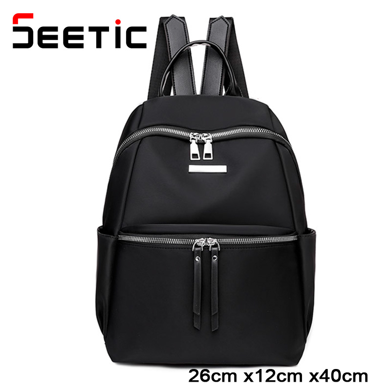 SEETIC Frauen lässig Rucksack Schule Rucksack Weiblichen Taschen Reise Feste Farbe Rucksack Frauen Wasserdichte Oxford Schule Rucksack: Schwarz Rucksack