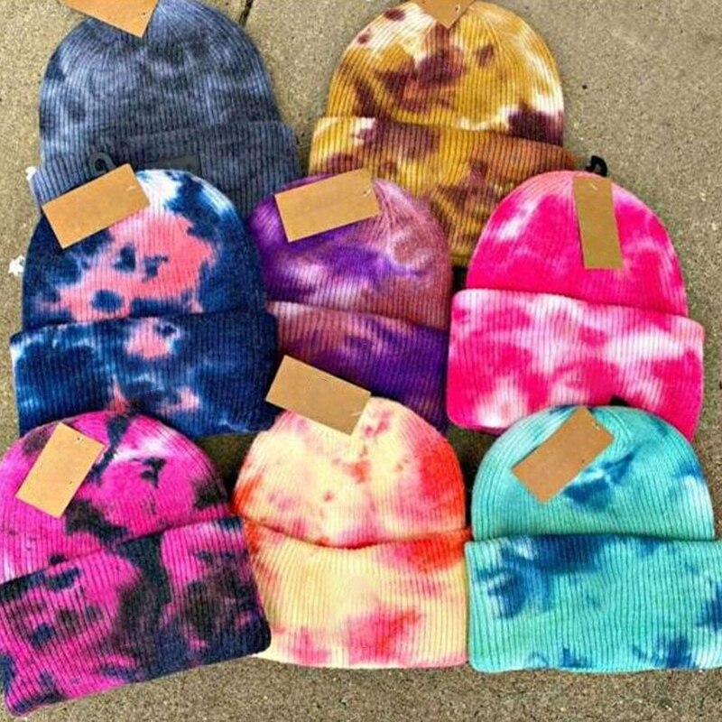 Tie-dye muts warme wintermutsen voor dames dames heren effen muts met omslag, muts met capuchon herfst gebreide hiphop plangi kort