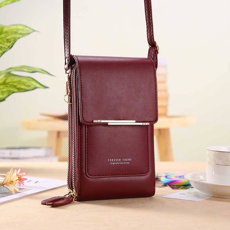 Solid Color PU Leather Crossbody Bags For Women Female Shoulder Simple Bag Lady Mini Touchable Phone Purses And Handbags: Wine Red
