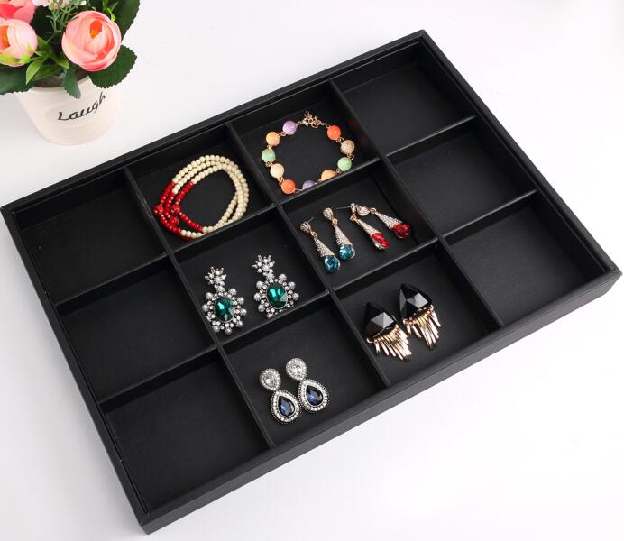 Luxe Zwart Pu Lederen Sieraden Pallet Ketting Lade Voor Show Ringen Armband Tentoonstelling Sieraden Organisator Vitrines: 12 grids tray