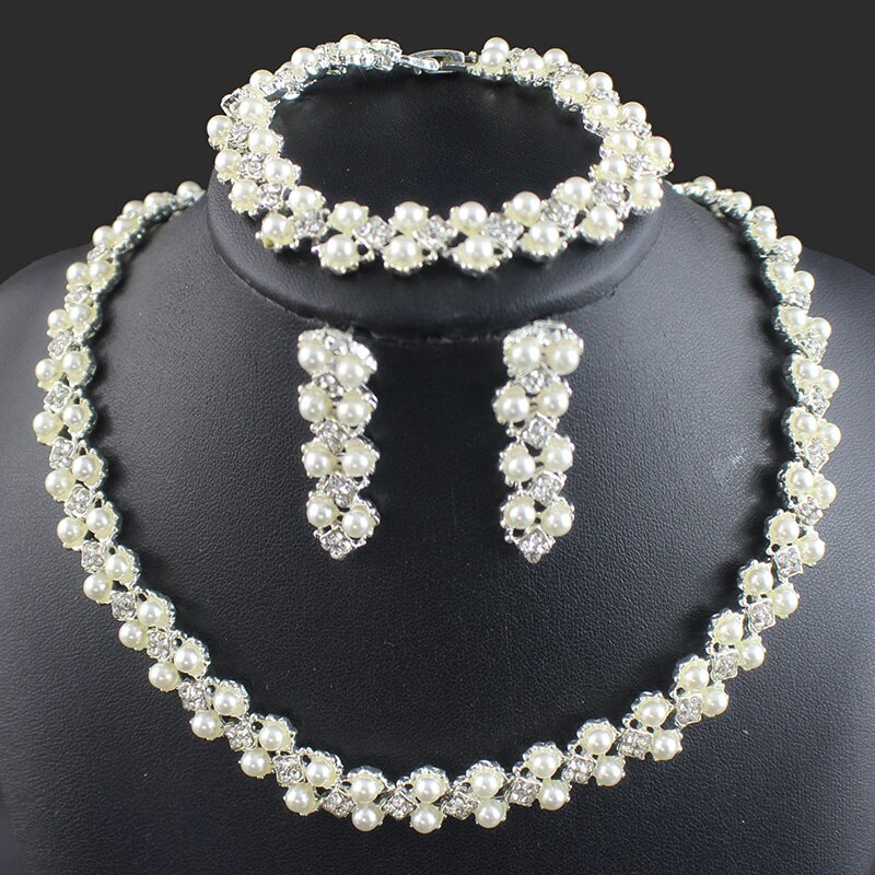 Jiayijiaduo conjunto de jóias simples moda imitação pérola cor prata colar pulseira brinco para acessórios de casamento feminino