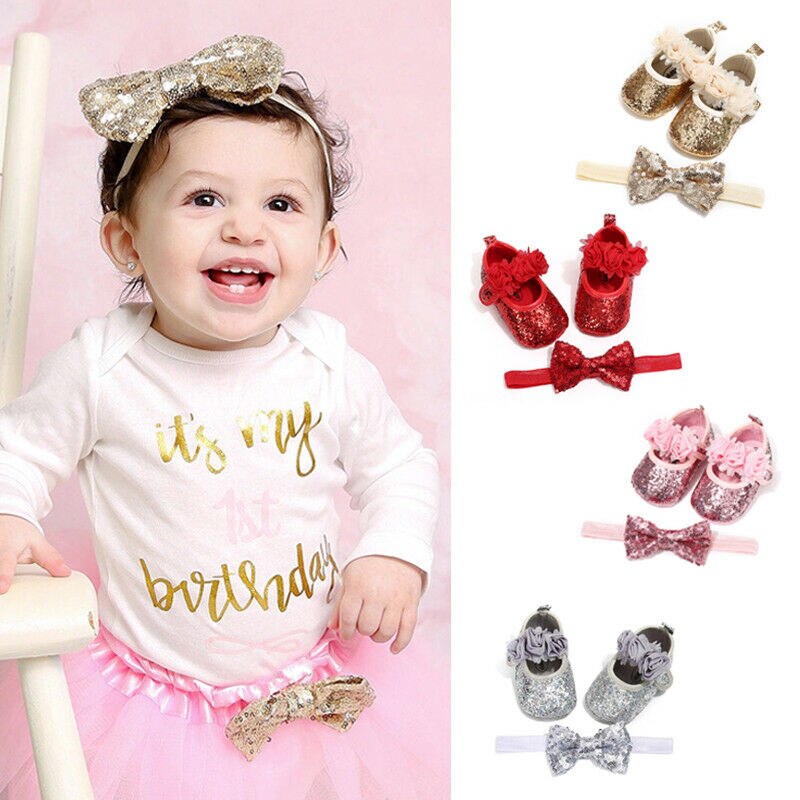 Pudcoco bowknot paljetter barn bebis flicka fest första rullatorer + hårband spädbarn mjuk sula spjälsäng skor 0-18m flicka födelsedag