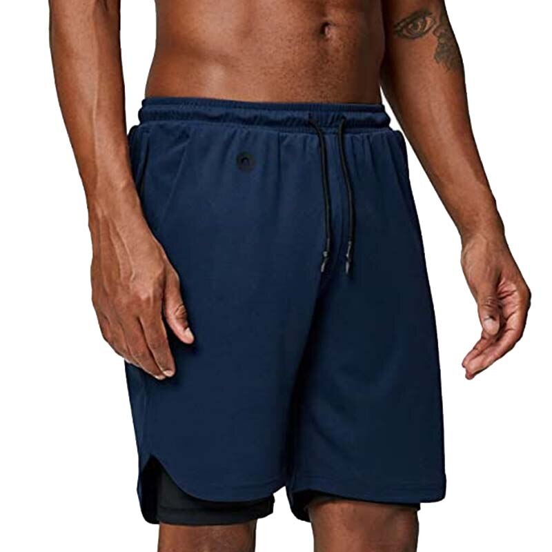 Men's Gym Fitness Training Quick-Drying Shorts Double-Layer Running Shorts Outdoor Sports Basketball Shorts Navy Blue L