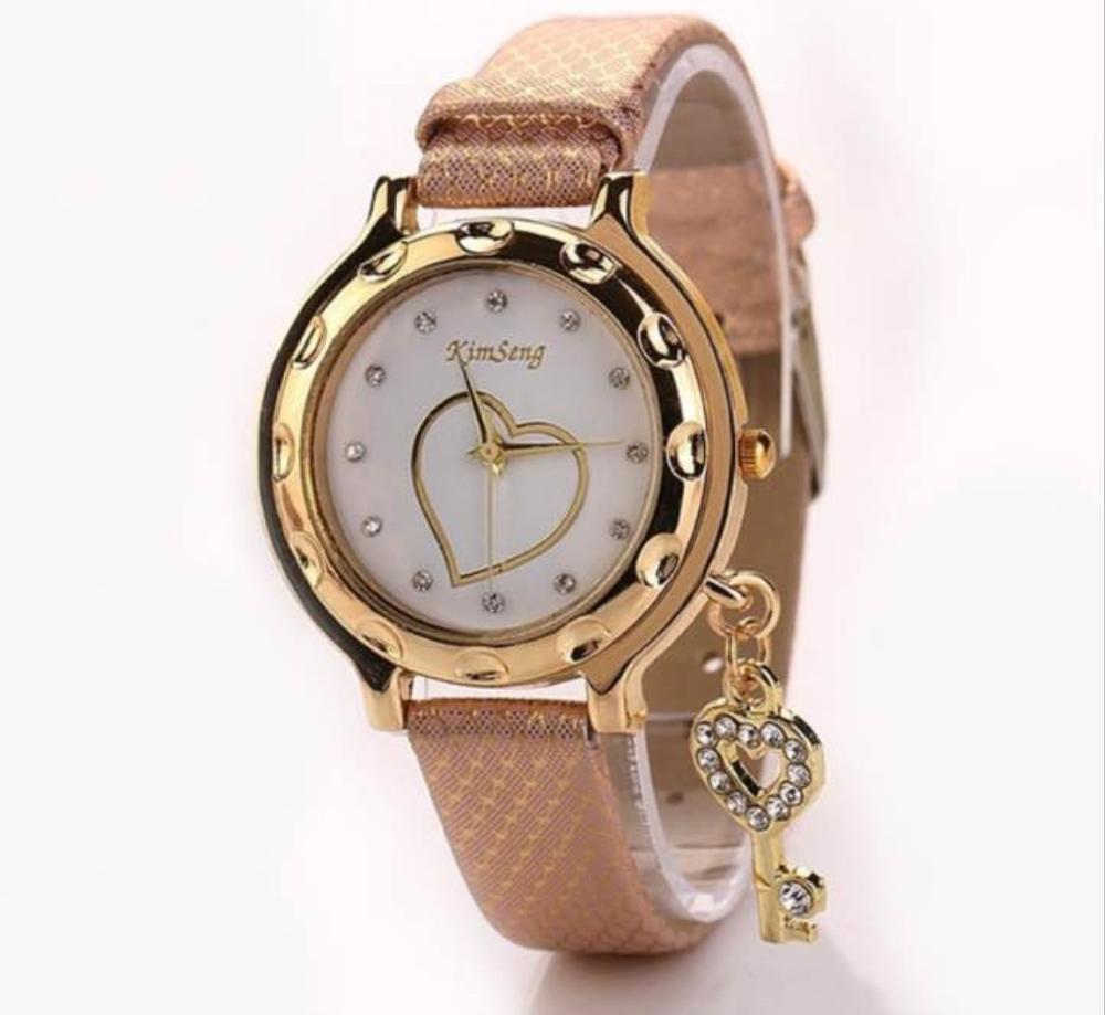 Vrouwen Horloges Rvs Sleutel Hanger Hart Dames Horloge Mode Strass Quartz Horloge Vrouwelijke Klok relogio feminino: Coffee Color