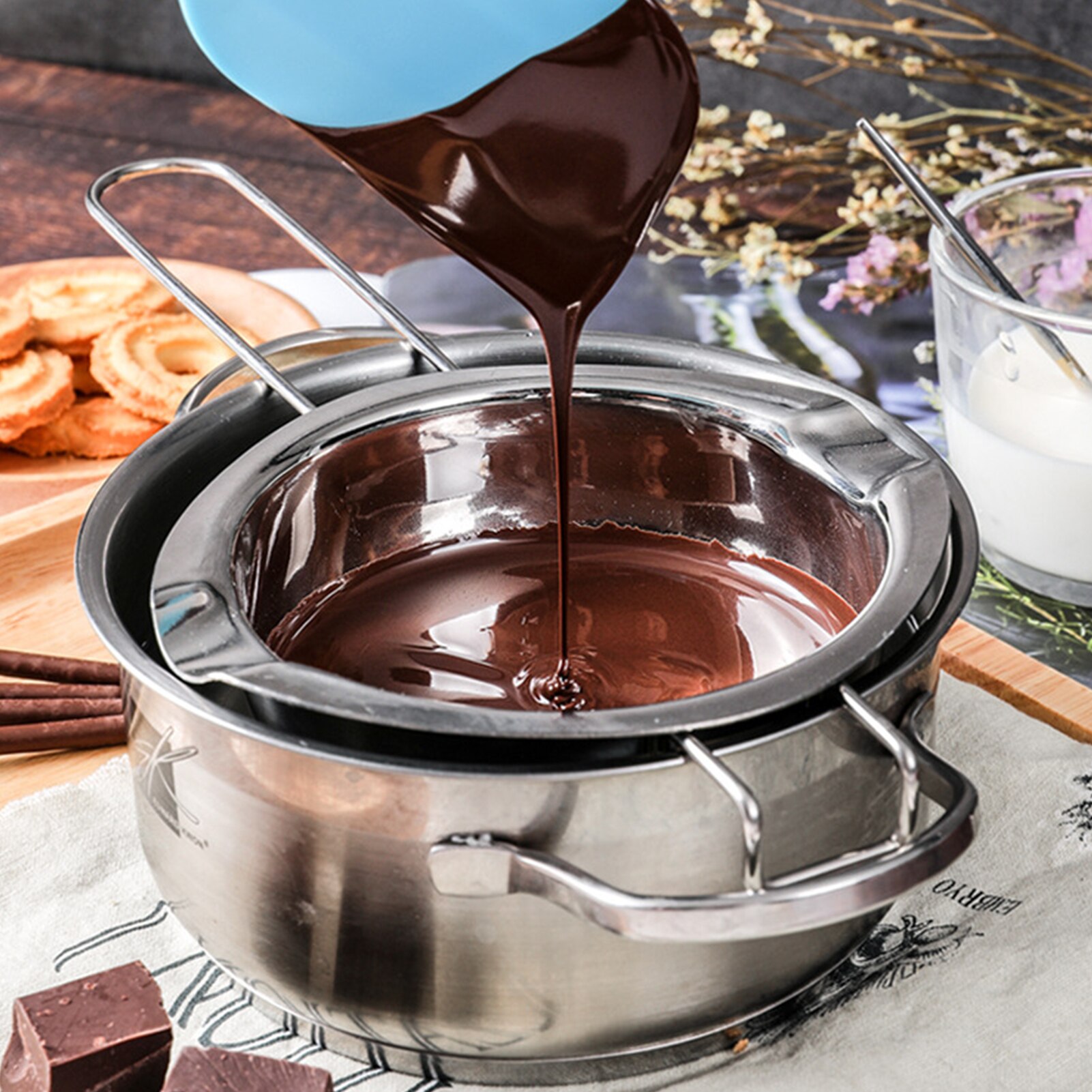 Portable stainless steel chocolate melting pot k, butter cheese fondue, dessert cooking tools, kitchen accessories.