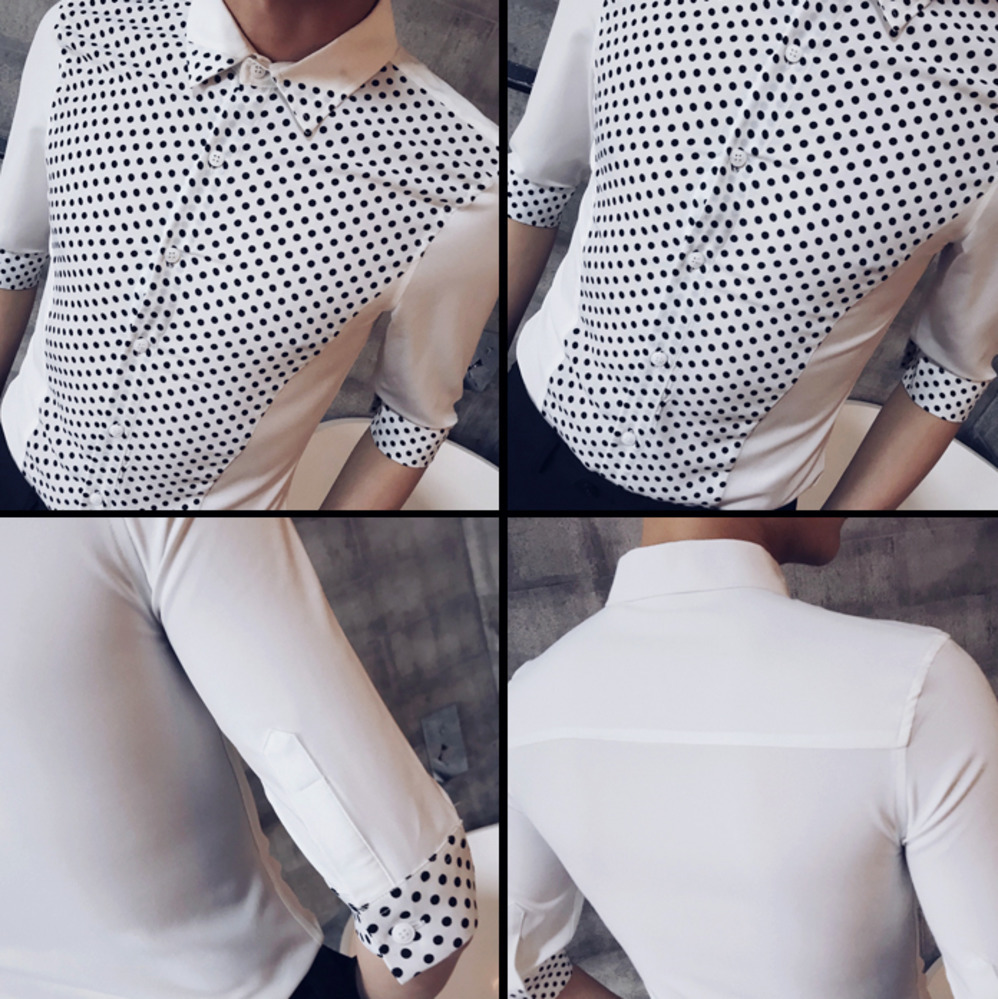 Skjorte herre prikkete kortermede fritidsskjorter menn svart hvit bluse kjole smoking streetwear slim fit skjorte