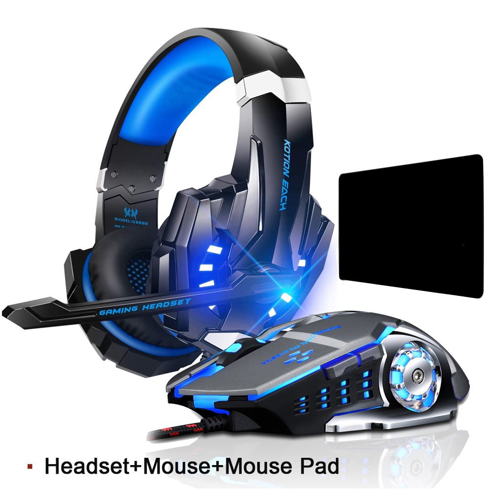 Kotion EACH G9000 Gaming Headset Deep Bass Stereo Game Headphone with Microphone LED Light for PC Laptop+Gaming Mouse+Mice Pad: green