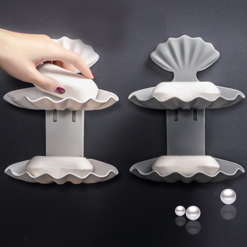 Jabonera con ventosa doble para el baño, accesorios para el baño, caja de almacenamiento, contenedor de plástico sin perforaciones, concha marina