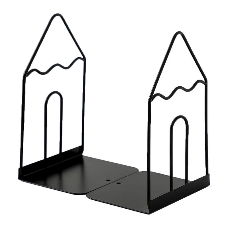 Wrought Iron Bookends Book Stand Support Desktop Office Magazine Organizer Non Slip Rack Shelf Holder 1 Pair: Black