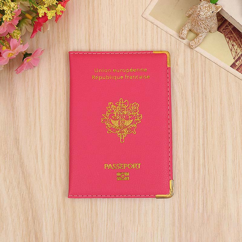 PU Leer Frankrijk Passport Cover Credit Card Slots Porte-Passeport Housse voor Mannen Vrouwen Franse Paspoorten Organisator voor Reizen: rose red