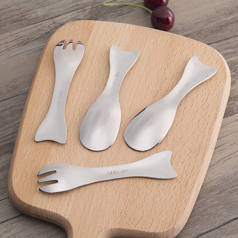 2 Stuks Leuke Katten Lepels Vorken Kids Servies #304 Roestvrij Stalen Lepel Vork Kinderen Dessert Ijs Cartoon Kat servies Set