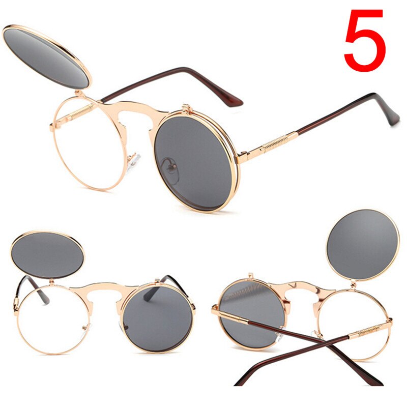 Metal Punk Sun Glasses Male Retro Steampunk Round Flip Up Sunglass Women Mens Clip On Sunglasses: 5