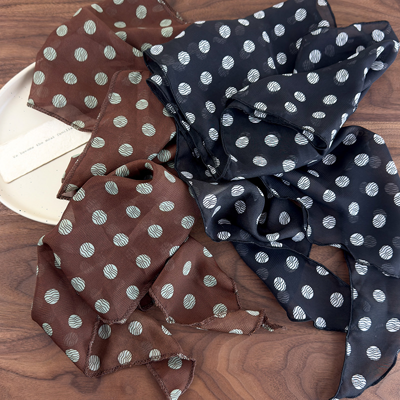 Lenço de seda de bolinhas marrom impresso high-end versátil acessórios pescoço feminino novo bandana amarrado cabelo longo