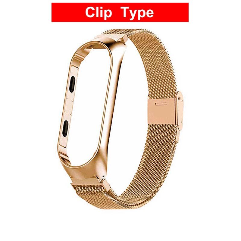 Rvs Pols Bandjes Voor Xiao Mi Mi Band 3 4 Metalen Horloge Band Smart Armband Voor Mi Band 4 3 Riem Vervangbare Horloge Bandjes: Gold Clip Type