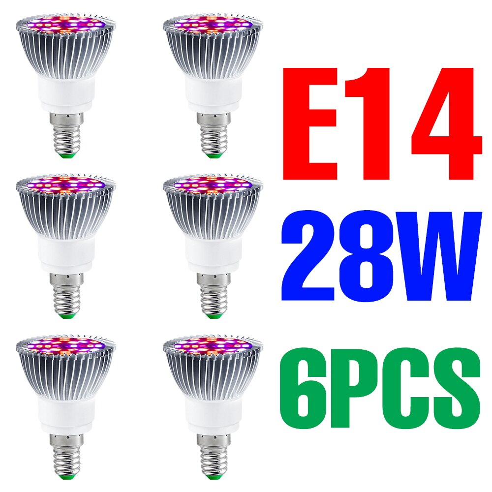 Espectro completo e27 planta led crescer lâmpada e14 220v lâmpadas fito estufa iluminação 18w 28 30 50 80 100 phyto sementes de flores lâmpadas: E14 28W 6PCS