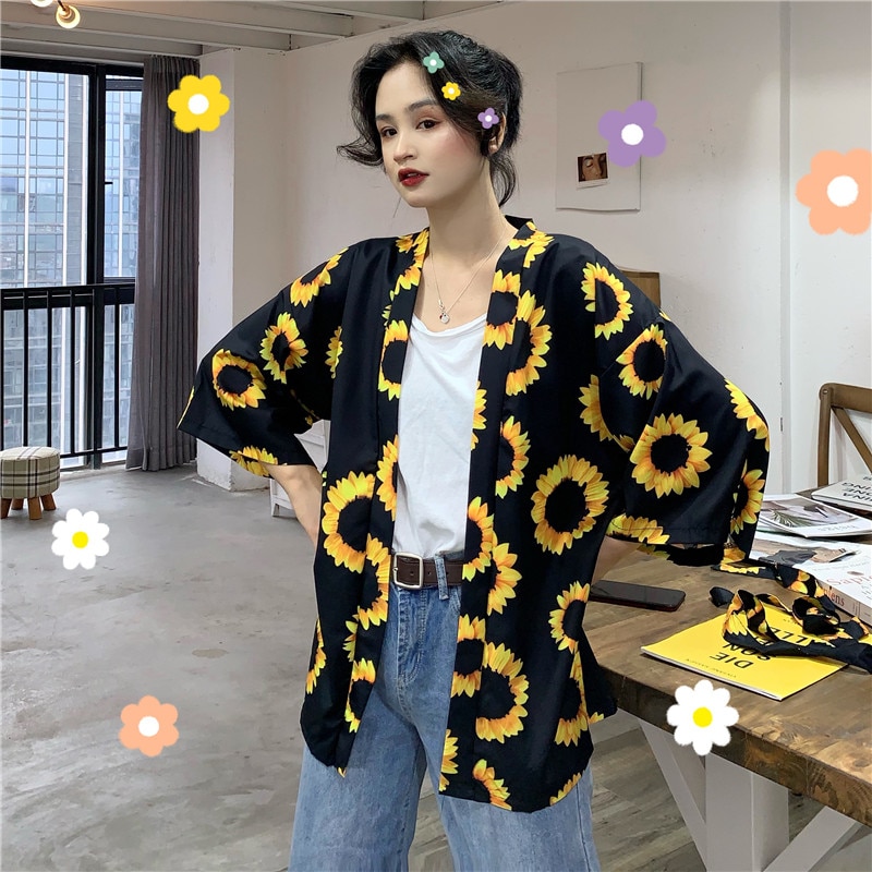 Bebovizi Zomer Zwarte Zon Bloem Japanse Mode Vrouwen Harajuku Vest Kimono Losse Blouse Tops Casual Strand Kimono