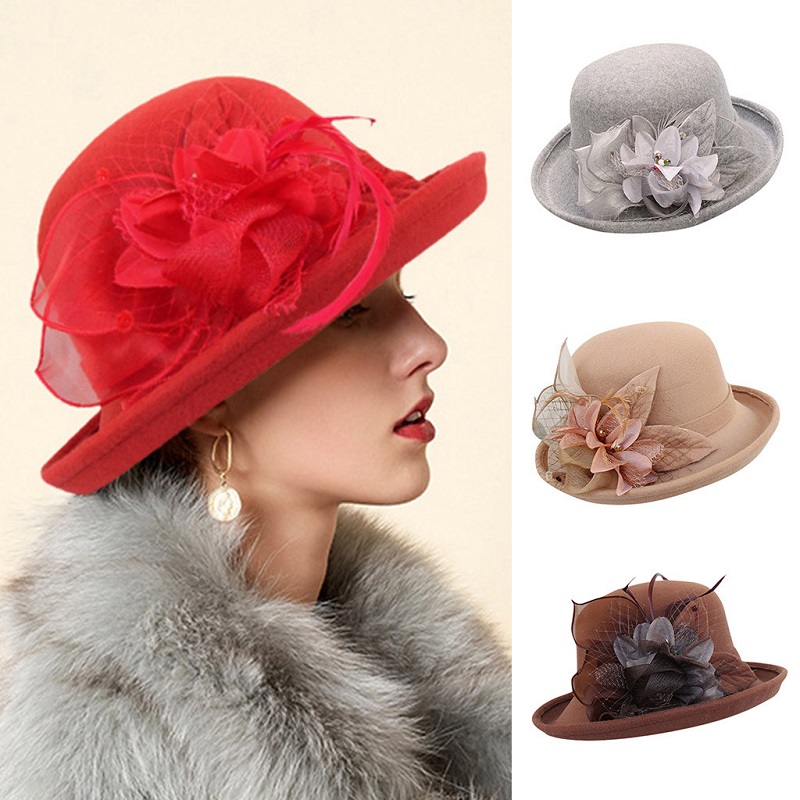 Sombrero de lana con flores para mujer, gorro cálido de ala ancha, , para , decoración, otoño e invierno,