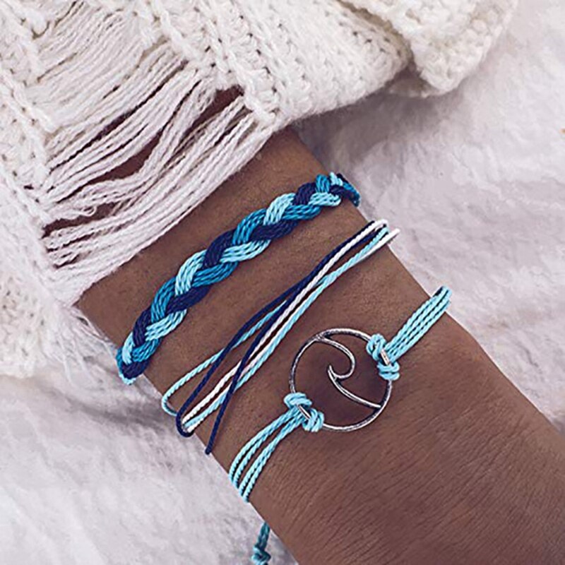 3 verstellbare freundschaftsarmbänder mit surferwellenmotiv und 5 blau-grüne strand-fußkettchen mit seilanhänger und wellenmotiv