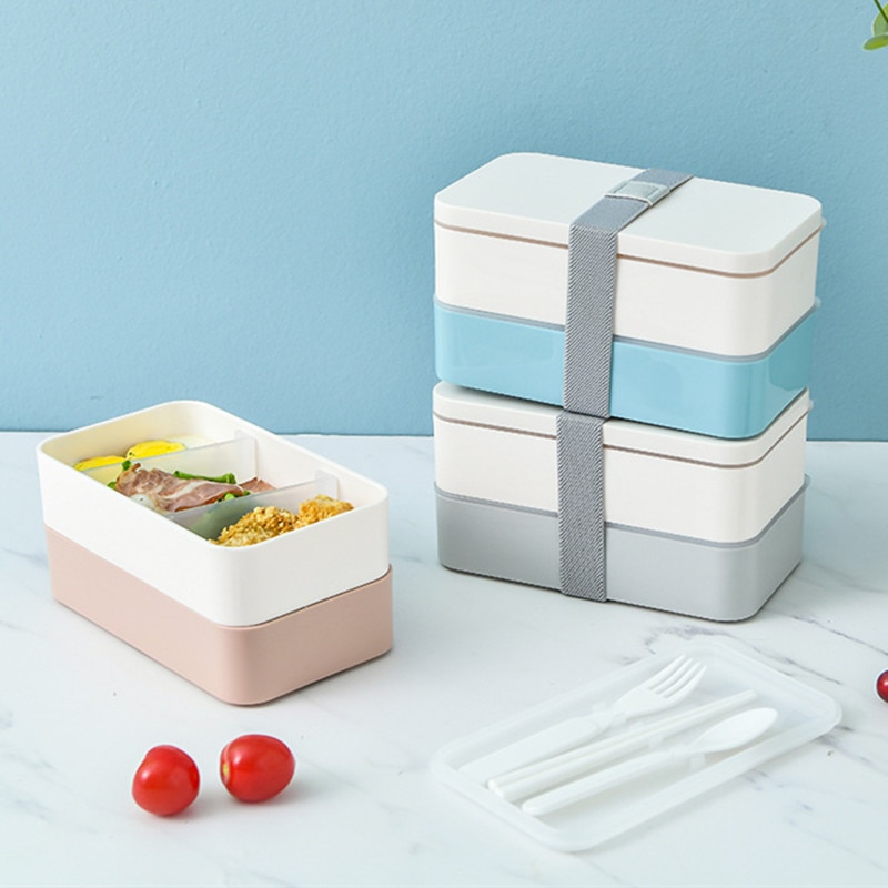 1200ml Double Layers Lunch Box With Spoon and Fork Healthy Plastic Bento Boxes Microwave Food Storage Container Lunchbox