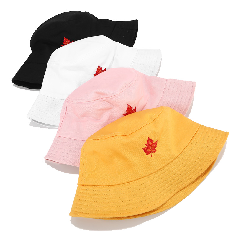 Leaf Embroidery Bucket Hat Protection Sun Hat Maple Foldable Cap Panama Packable Cotton Fisherman Hat For Men and Women