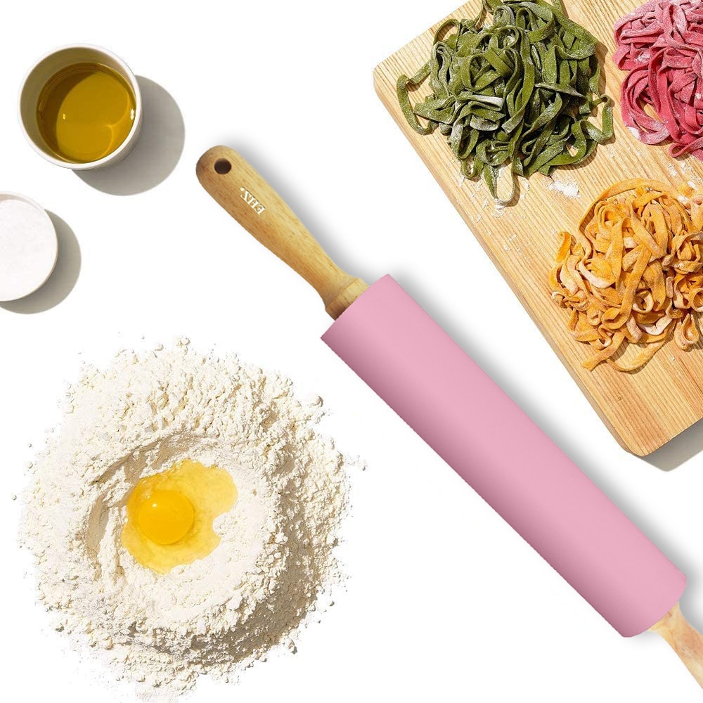 Ehz kagerulle 18.9 tommer rustfrit stål silikone rullehjul brød toast pizza dej bagning non-stick massivt træ håndtag pink