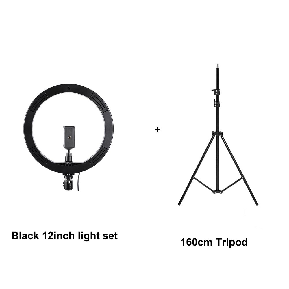 3 kleuren Dimbare ring licht 12 "24 w 180pcs led kralen fotografie ringlicht lamp voor make Live Vullen video Foto Studio licht: black 160cm tripod