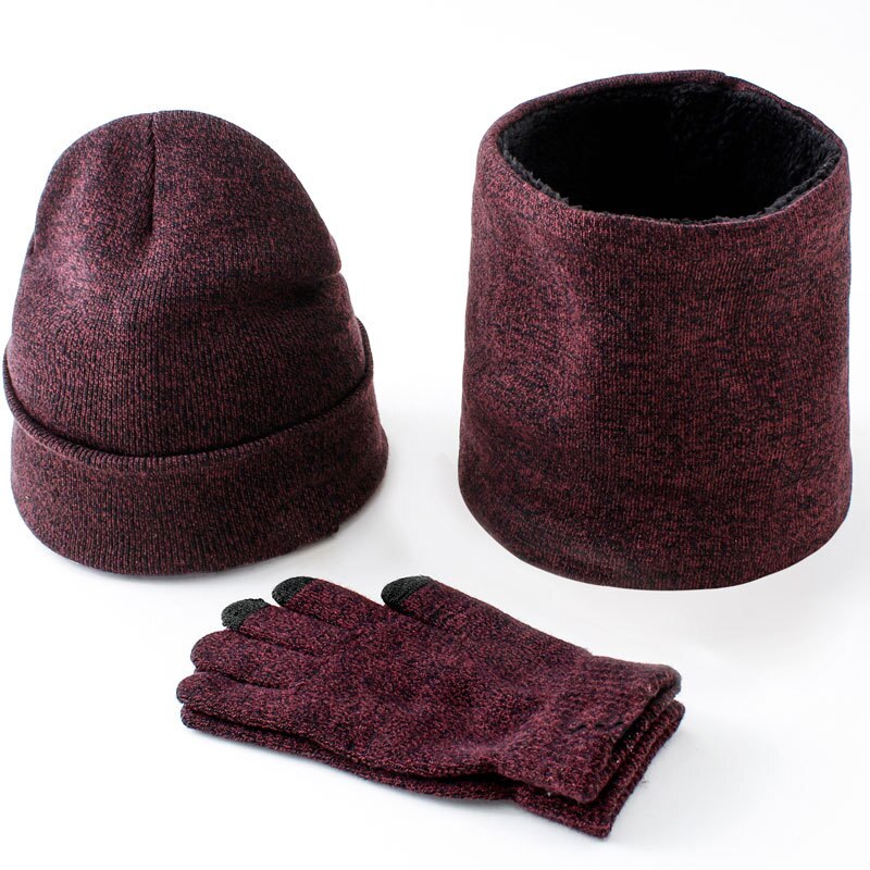Varm vinterstrikkede hatte tørklæde og handsker til mænd rødbrun grå sort hat og tørklæde sæt 3 stk: Rødbrun