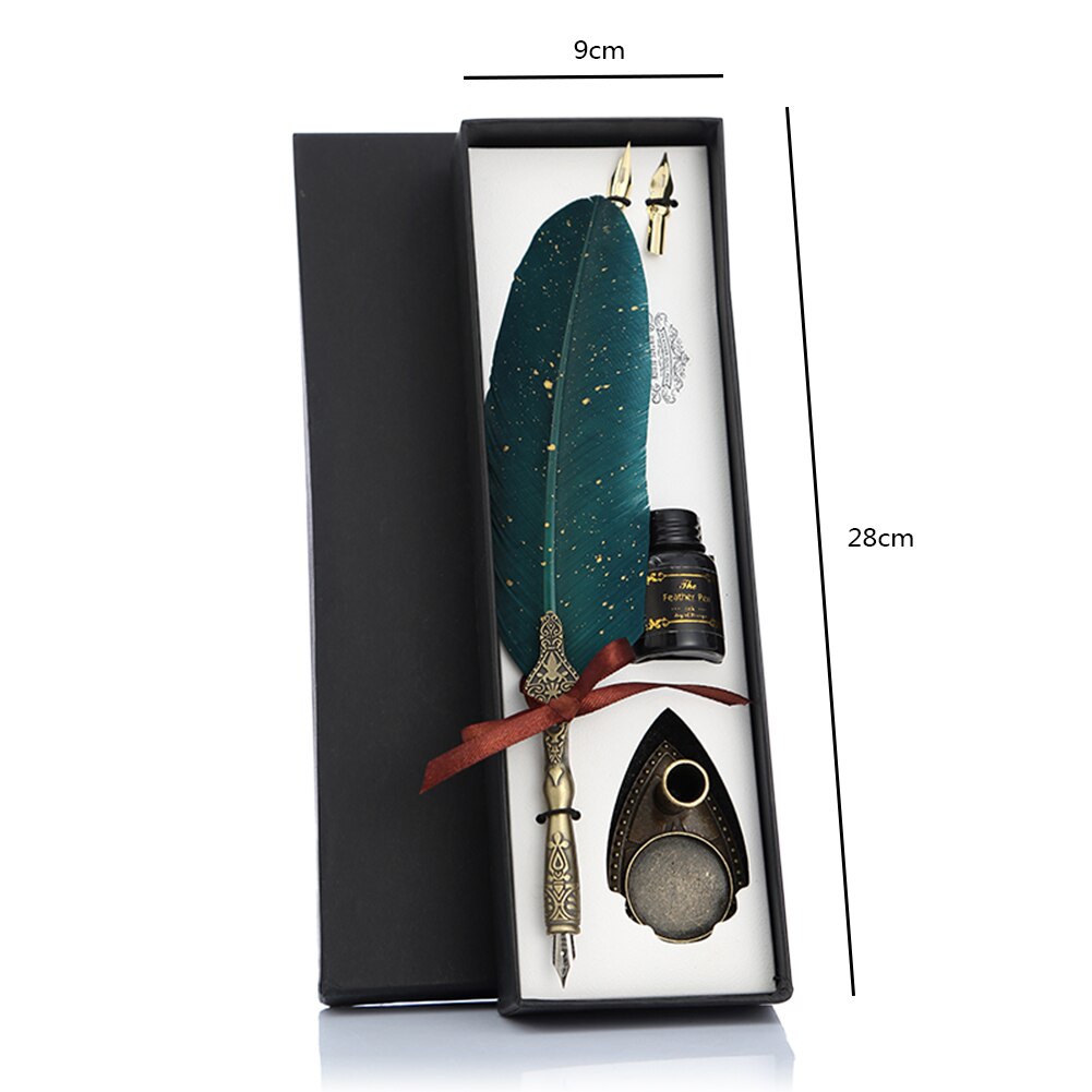 Retro Calligraphy Feather Dip Pen with 2 Nib Set Quill Fountain Writing Vintage Stationery Classic Box without Ink: Green